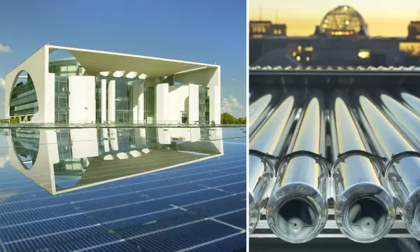Moderne Architektur mit Solaranlagen und Solarthermie-Kollektoren, die die Arbeit des Bundesverband Solarwirtschaft symbolisieren.
