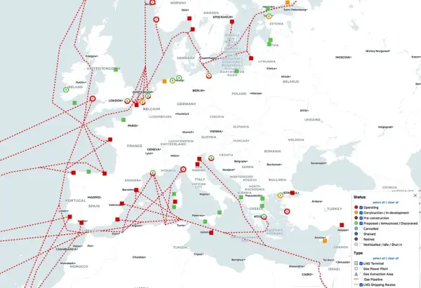 Europakarte zeigt LNG-Terminals und Pipelines, die die Versorgung mit Erdgas Deutschland und anderen Ländern sichern.
