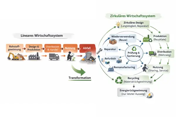 Vergleich von linearem und zirkulärem Wirtschaftssystem. Das zirkuläre System zeigt, wie Produkte wiederverwendet, repariert und recycelt werden, um die Rohstoffe der Zukunft zu schonen.