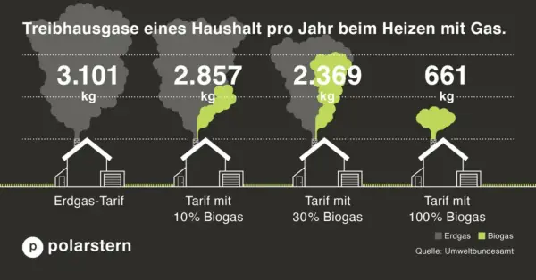 Treibhausgase beim Heizen: 3.101 kg bei Erdgas, 661 kg bei 100% Biogas. Biogas ist umweltfreundlich und reduziert Emissionen erheblich.