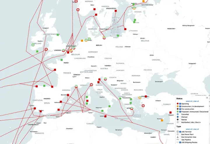 Europakarte zeigt LNG-Terminals und Pipelines, die die Versorgung mit Erdgas Deutschland und anderen Ländern sichern.