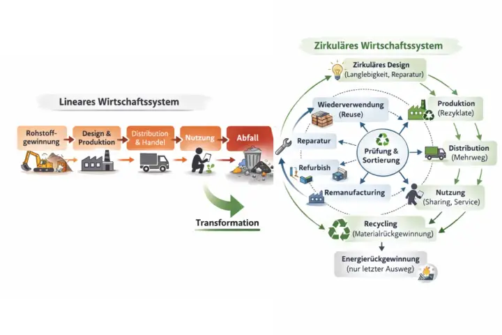 Vergleich von linearem und zirkulärem Wirtschaftssystem. Das zirkuläre System zeigt, wie Produkte wiederverwendet, repariert und recycelt werden, um die Rohstoffe der Zukunft zu schonen.