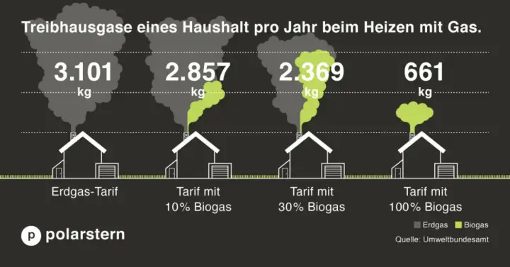 Treibhausgase beim Heizen: 3.101 kg bei Erdgas, 661 kg bei 100% Biogas. Biogas ist umweltfreundlich und reduziert Emissionen erheblich.