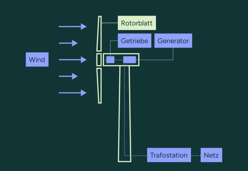 Schema zeigt, wie Windenergie über Rotorblatt, Getriebe und Generator ins Stromnetz eingespeist wird, mit einer Trafostation als Zwischenschritt.
