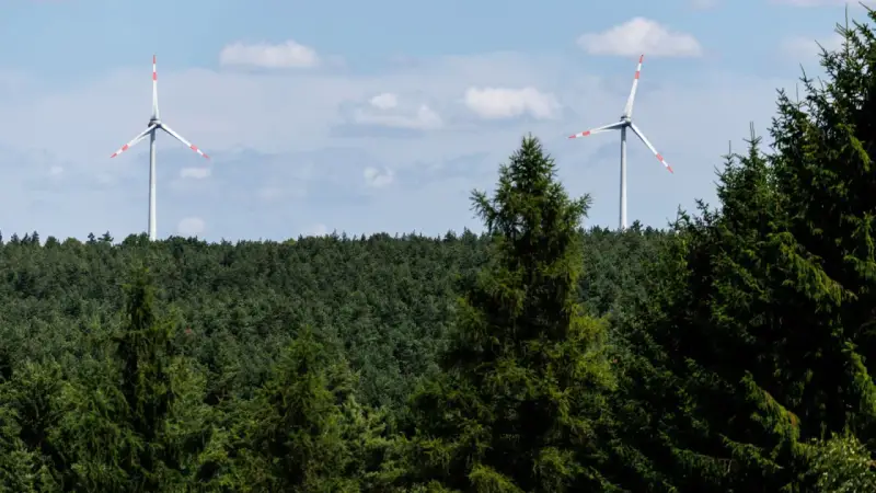 Zwei Windräder ragen über einen dichten Wald. Ein Onshore-Windpark in Deutschland, der saubere Energie erzeugt.